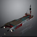 Aerospace Launch Support Tugboat With Rusted Red Blue Hull And Reflective Lights