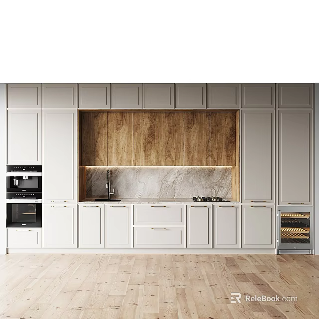 Modern Kitchen Design With White Cabinets Wooden Backsplash And Marble Countertop 3d model