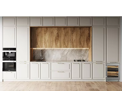 Modern Kitchen Design With White Cabinets Wooden Backsplash And Marble Countertop 3d model
