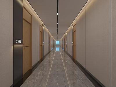 Modern Hotel Corridor With Wooden Doors Room Numbers Marble Flooring And Lighting 3d model
