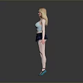 Blonde Woman Wearing Light Blue Tank Top Dark Blue Plaid Skirt And High Heels