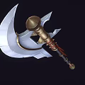 Medieval Double Bladed Battle Axe With Black Gold Handle Red Decorative Strap And Metal Blade