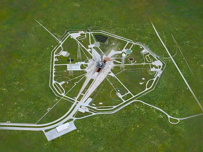 Futuristic Circular Complex Aerial View With Central Tower And Radial Roads On Green Grassland 3d model