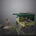 Scenic Components with Yellow Truck Green Awning Wooden Frame Small Table Plants and Ladder