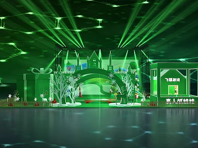 Vibrant Green Lit Children's Playground Stage With Castle Decorations Trees And Gift Boxes 3d model