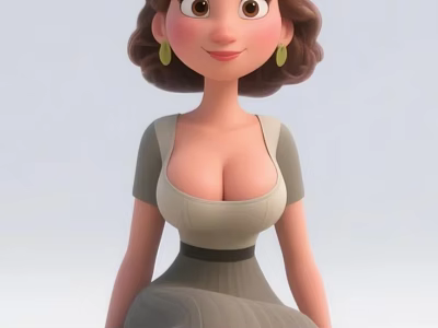 Cartoon Style Woman With Brown Curly Hair Green Earrings Gray And Beige Dress Sitting 3d model