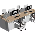Modern Office Desk Setup With Dual Monitors Ergonomic Chairs And Drawer Cabinets