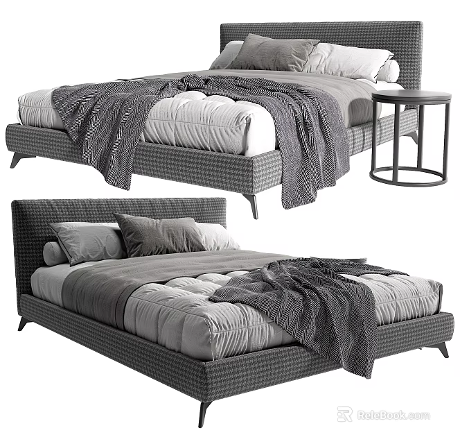 Modern Double Bed With Woven Frame Plush Bedding Gray Blanket And Side Table 3d model
