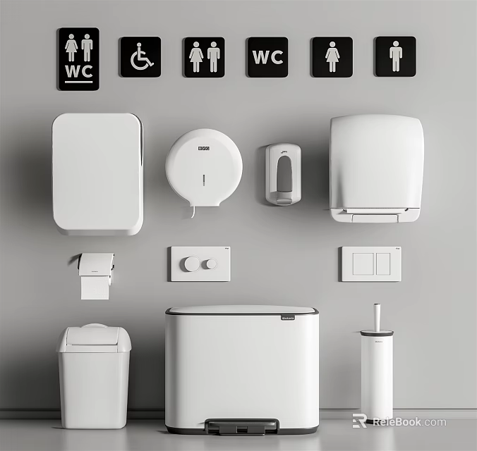 Public Restroom Facilities Including Toilet Paper Dispensers Soap Dispensers Trash Cans Toilet Bowls And Signage 3d model 