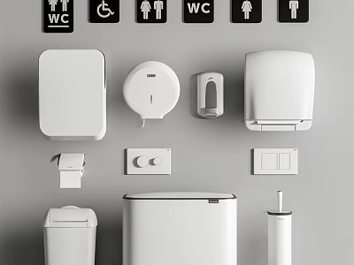Public Restroom Facilities Including Toilet Paper Dispensers Soap Dispensers Trash Cans Toilet Bowls And Signage 3d model
