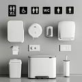 Public Restroom Facilities Including Toilet Paper Dispensers Soap Dispensers Trash Cans Toilet Bowls And Signage