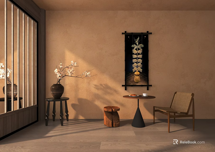 Stylish Decorative Ornament Combination with Beige Walls Wooden Lattice Door Flower Vase and Scroll Painting 3d model 
