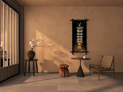 Stylish Decorative Ornament Combination with Beige Walls Wooden Lattice Door Flower Vase and Scroll Painting 3d model