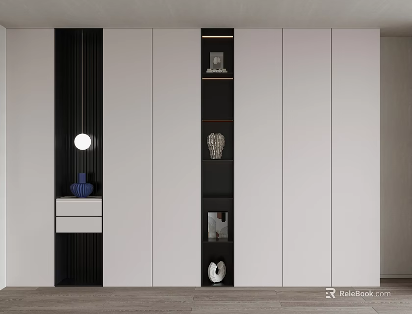 Modern Bookcase Interior With White Black Panels Round Lamp Drawer And Decorative Items 3d model 