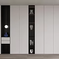 Modern Bookcase Interior With White Black Panels Round Lamp Drawer And Decorative Items