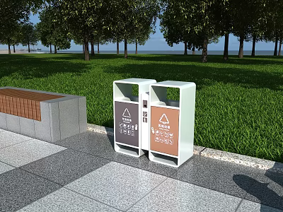 Outdoor Garden Ornaments with Dual Trash Bins on Lawn Near Trees and Paved Path 3d model