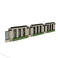 Building Exterior Wall With Stone Structure Geometric Metal Grilles Green Lawn And Sunlight