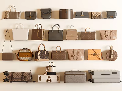 Various Styles Of Bags And Suitcases Displayed On Wall With Different Colors And Materials 3d model