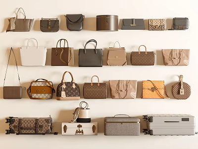 Various Styles Of Bags And Suitcases Displayed On Wall With Different Colors And Materials 3d model