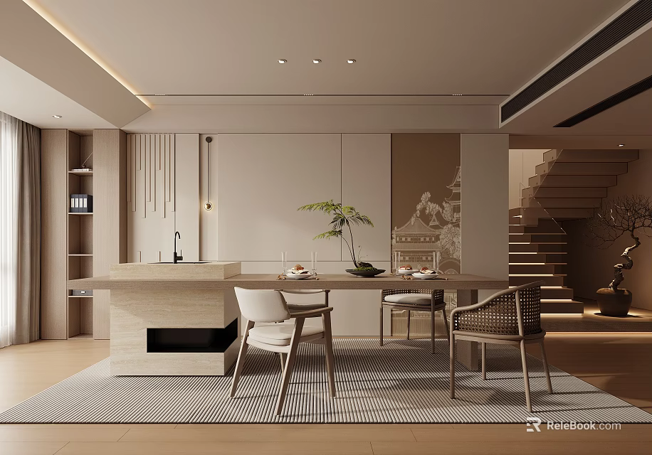 Modern Restaurant Interior Design With Open Layout Dining Table Chairs And Pendant Lights 3d model