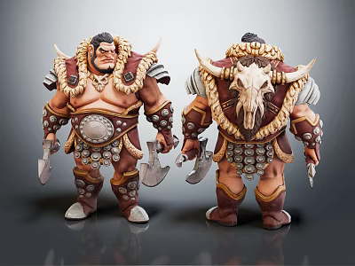 Barbarian Warrior Models With Horned Armor Skull Decoration Axe Front And Back View 3d model