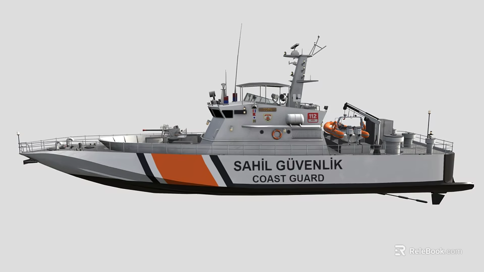 Coast Guard Yacht With Orange And White Stripes And Navigation Equipment 3d model 