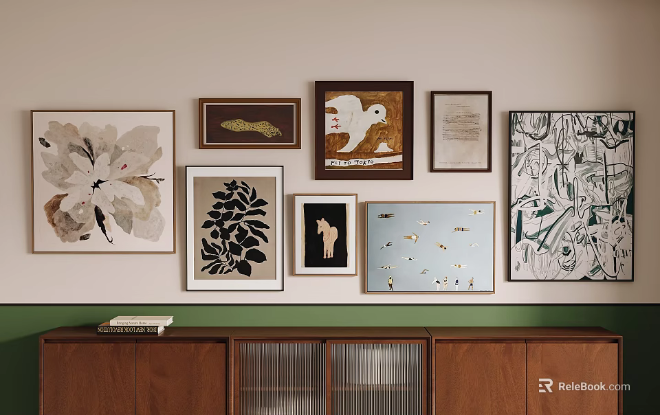 Gallery Wall With Various Framed Artworks Different Styles Wooden Cabinet And Books On Top 3d model 