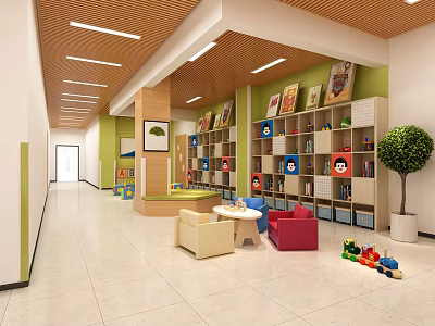 Cozy Kindergarten Indoor Space With Colorful Bookshelves Toys And Green Plant 3d model