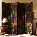 Four Panel Wooden Screen Featuring Black Floral Vine Patterns With Table Lamp And Side Table 3d model