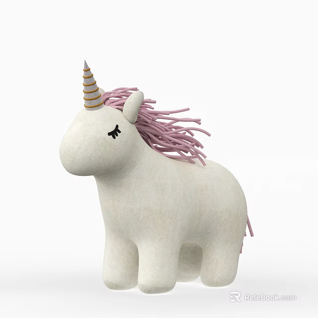 Cute White Unicorn Plush Doll With Pink Mane Tail And Golden Horn 3d model 