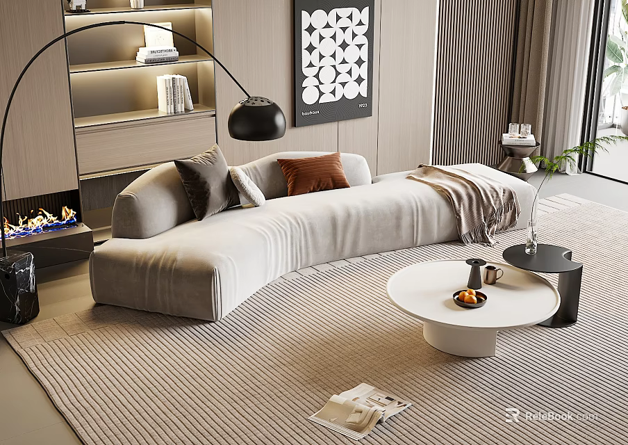 Beige Curved Sectional Sofa with Gray Brown Cushions White Round Coffee Table and Floor Lamp 3d model 