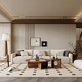 Middle Ancient Style Living Room Sofa Coffee Table Combination Leisure Chair Hanging Picture Lazy Sofa Floor Lamp Side Table Dried Flowers 3d model