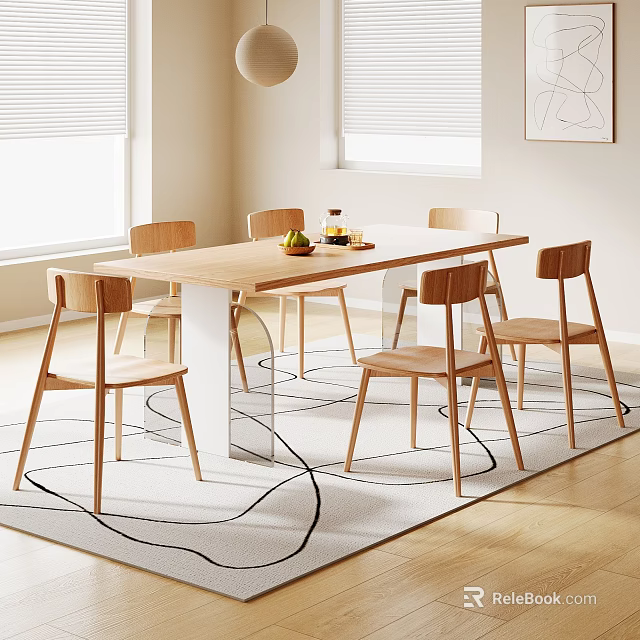 Wooden Dining Table Set with Six Matching Chairs Fruit Drinks on Tray and Window Blinds 3d model 
