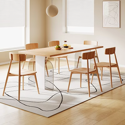 Wooden Dining Table Set with Six Matching Chairs Fruit Drinks on Tray and Window Blinds 3d model