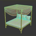 Wooden Four Poster Bed With Striped Canopy Fringe Pillows And Light Mattress
