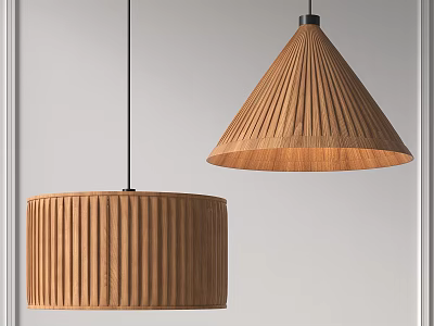 Modern Wooden Pendant Lights With Conical and Drum Ribbed Shades for Interior Lighting Design 3d model