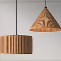 Modern Wooden Pendant Lights With Conical and Drum Ribbed Shades for Interior Lighting Design