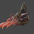 Fantasy Mythical Weapon With Red Gold Decoration Green Gemstone And Flame Like Wings