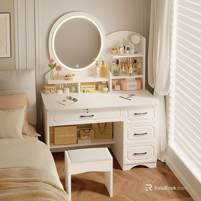 Modern White Dressing Table With Lit Round Mirror Skincare Cosmetics And Stool 3d model 