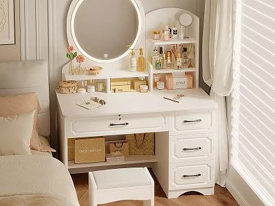 Modern White Dressing Table With Lit Round Mirror Skincare Cosmetics And Stool 3d model