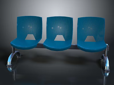 Three Connected Blue Perforated Chairs With Metal Frame And Wheels 3d model