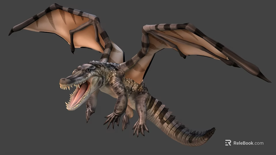 Game Movie Character Winged Dragon with Open Mouth Sharp Teeth and Striped Wings 3d model 