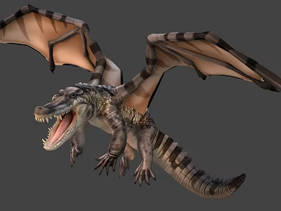 Game Movie Character Winged Dragon with Open Mouth Sharp Teeth and Striped Wings 3d model