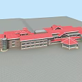Hotel Building with Red Roof Multi Story Structure Large Glass Windows and Front Plaza Area