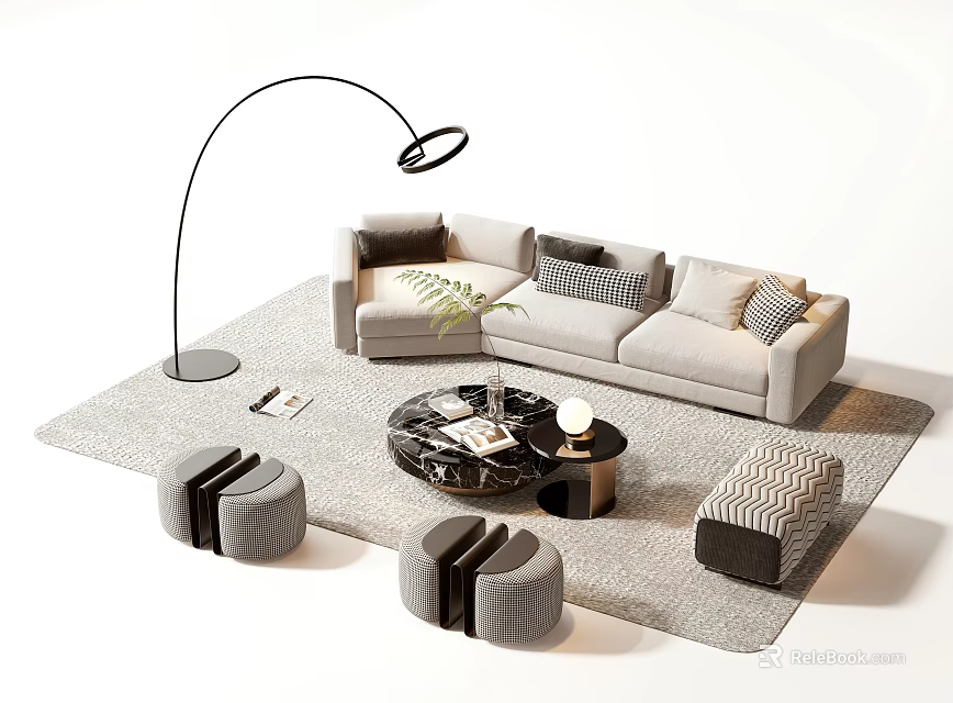 Modern Beige Sofa Coffee Table Set With Floor Lamp And Decorative Stools On Gray Rug 3d model 