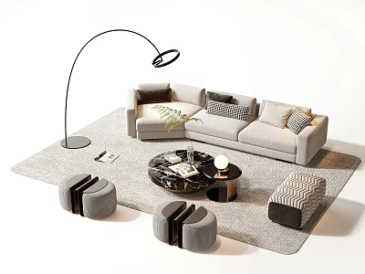 Modern Beige Sofa Coffee Table Set With Floor Lamp And Decorative Stools On Gray Rug 3d model