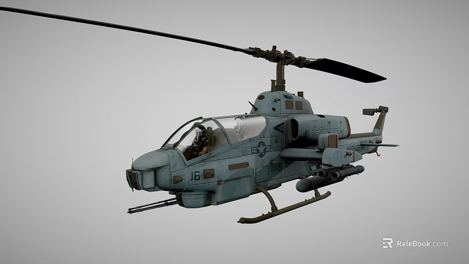 Military Attack Helicopter with Rotor Weapon Mounts Gray Number 16 Cockpit for Combat Operations 3d model 