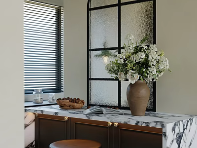 Kitchen With Marble Countertop Black Framed Glass Partition White Flower Bouquet And Brass Handle Cabinets 3d model