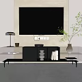 Modern TV Stand With Wall Mounted TV Potted Plant Books And Decorative Items