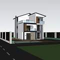 Modern Two Story Detached Villa Exterior with Balcony Greenery and Floor to Ceiling Windows